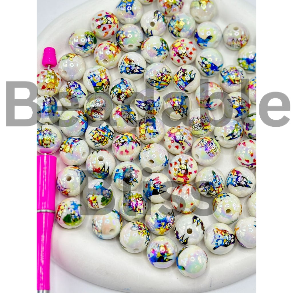 White Beads with Blue Cute Puppy Dog Print Acrylic Beads 16mm, Random Mix