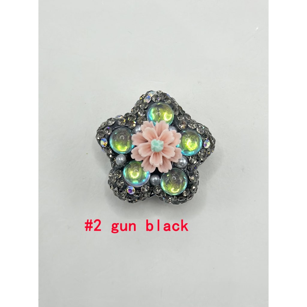 Flower Shape Clay Beads with Small Flower Pearls Clear Rhinestones in Solid Colors, 26MM by 26MM