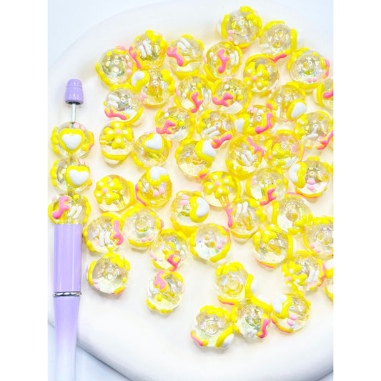 Yellow Heart Hard Print Round Clear Acrylic Beads, 16MM