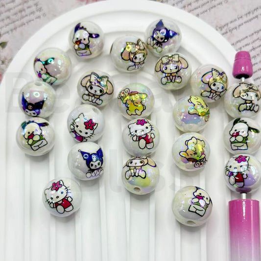 UV Finish Sanri HK Kurom Melod Pochacc Pom Pom Puri Cinnamoro White Around Acrylic Beads, Random Mix, 16MM