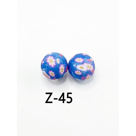 Small White Pink Flowers Pattern Blue Round Printed Silicone Beads 15mm, Number Z-45