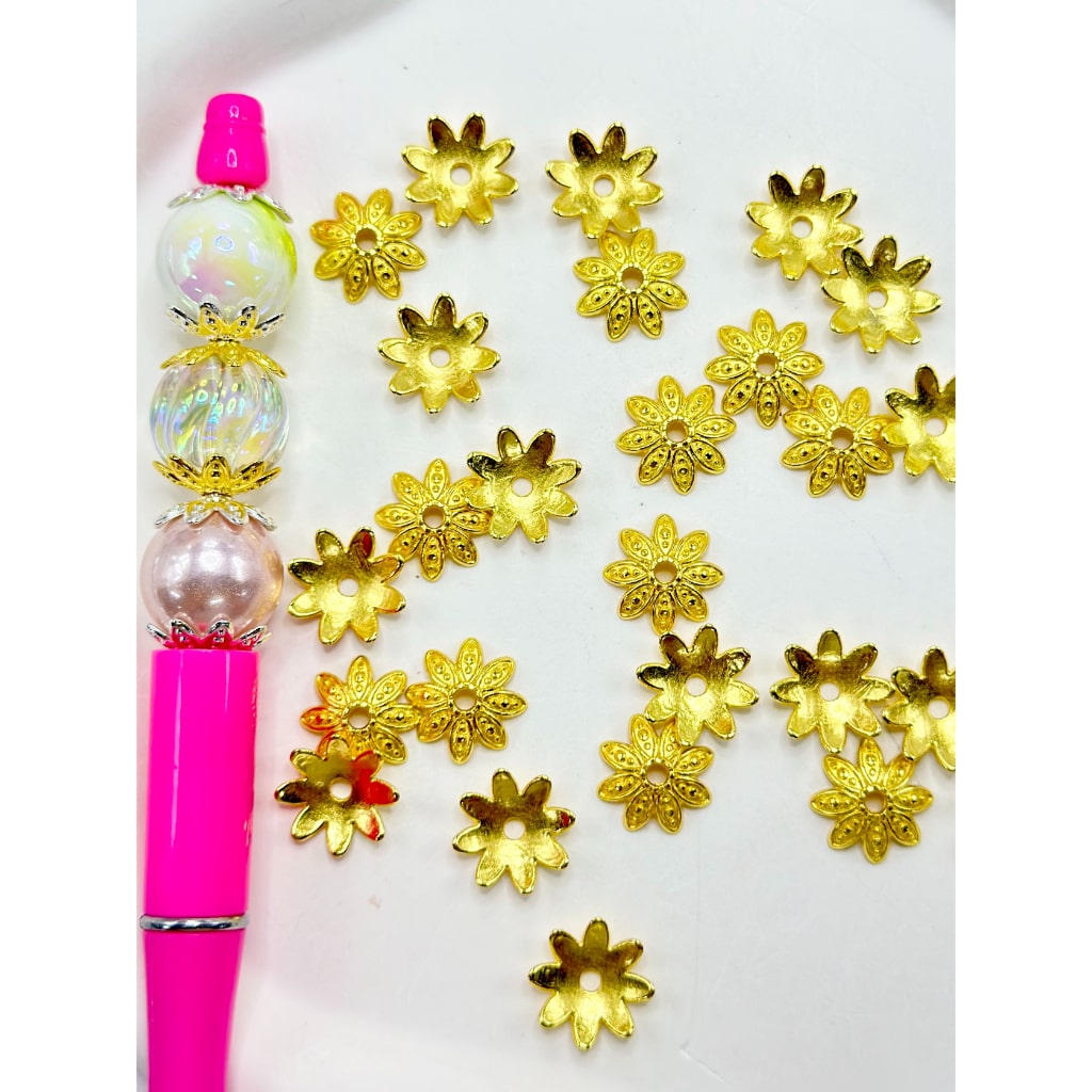 Beadable Gold & Silver Metal Flower End Spacer Cap Beads, 14MM