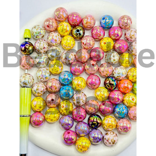 UV Coating Gold Jaguar Print Round Acrylic Beads, Random Mix, 16MM