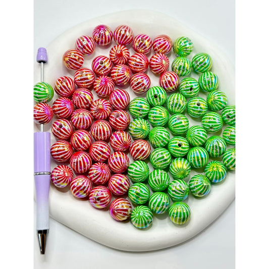 UV Coating Round Acrylic Beads with Red Green Crooked Stripes, 16MM