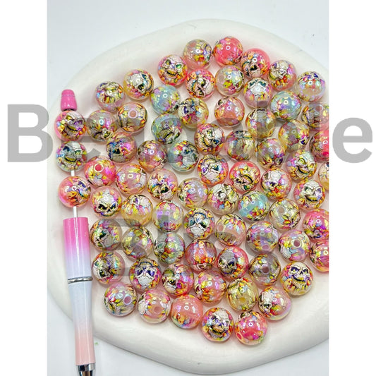 Scary Skull Head Jelly Color Round Acrylic Beads, Random Mix, 16MM