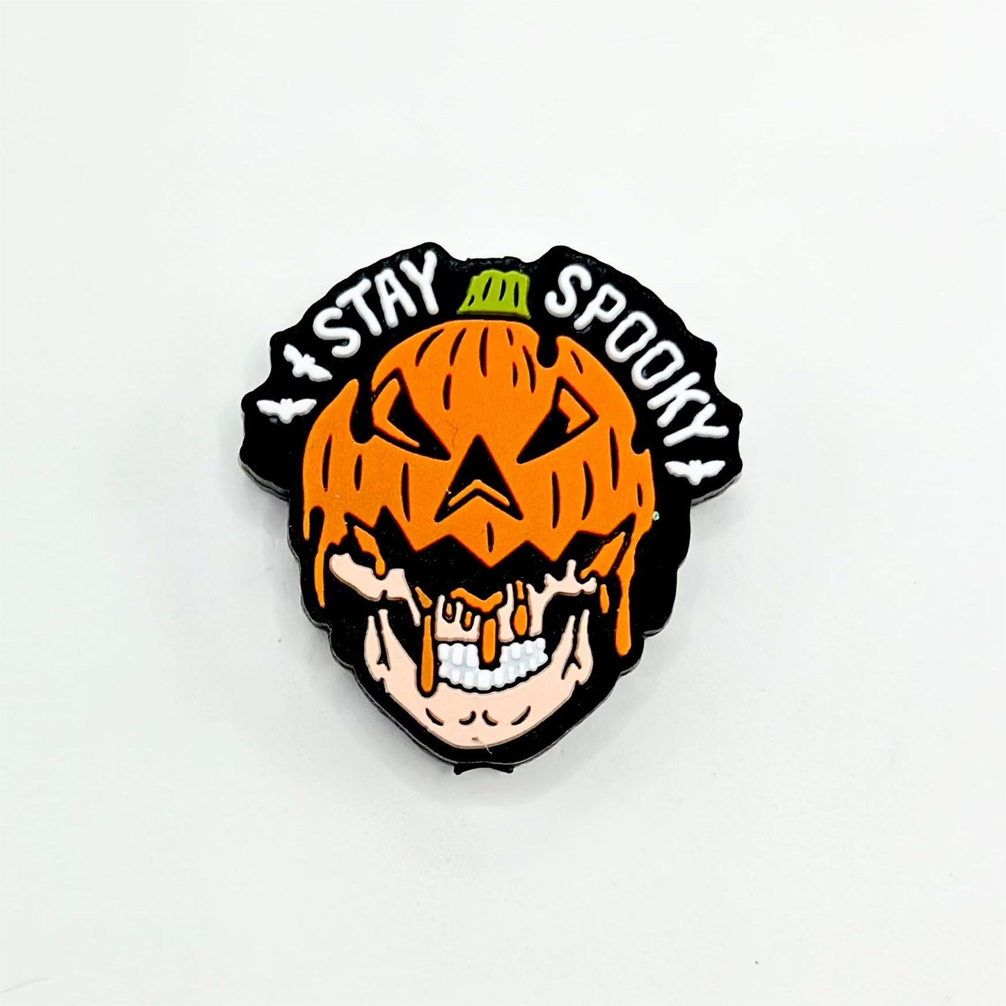 Skeleton Face on a Pumpkin with ''Stay Spooky'' Text, Silicone Focal Beads