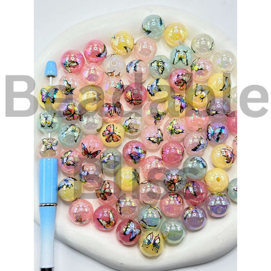 Butterfly Prints Jelly Color Round Acrylic Beads, Random Mix, 16MM