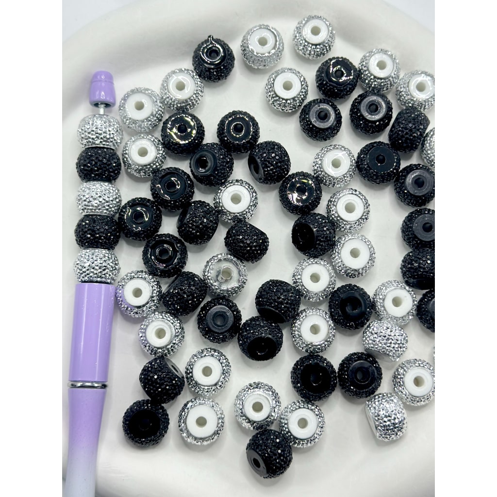 Silver & Black Rhinestone Wheel Acrylic Beads, 14*10MM