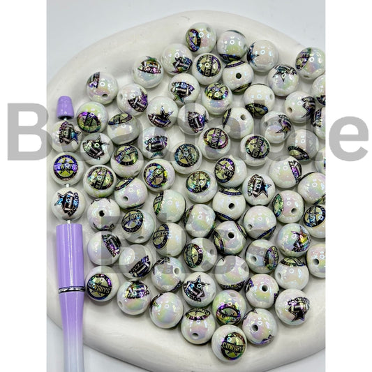 Cowbo Football Team White Round Acrylic Beads, Random Mix, 16MM