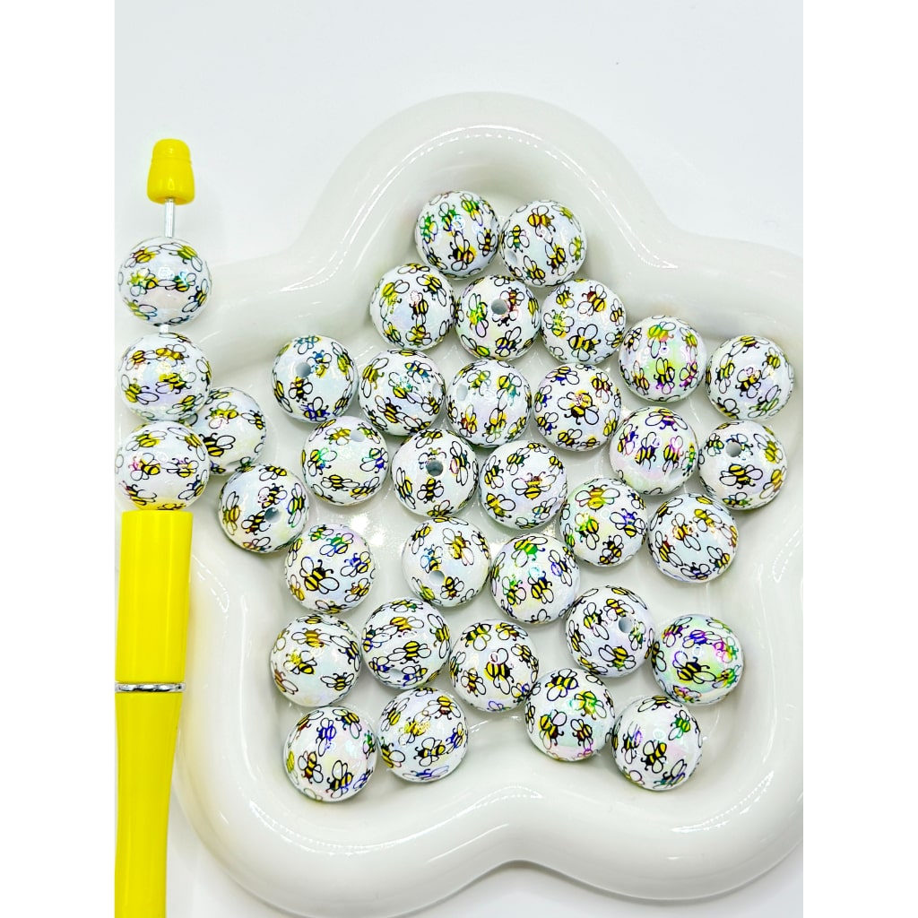 Vivid UV Finish Cute Bees White Round Acrylic Beads, 16MM