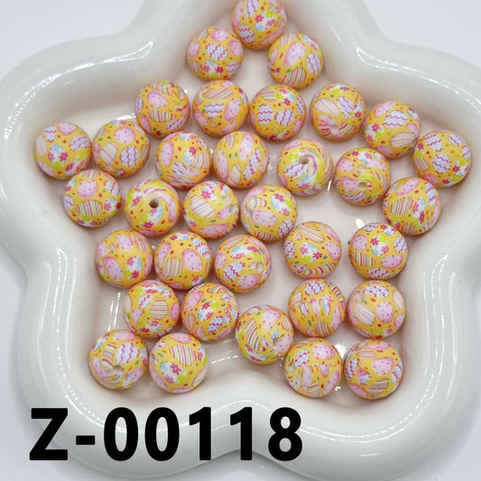 Colorful Eggs Yellow Round Printed Silicone Beads 15mm, Number Z-00118