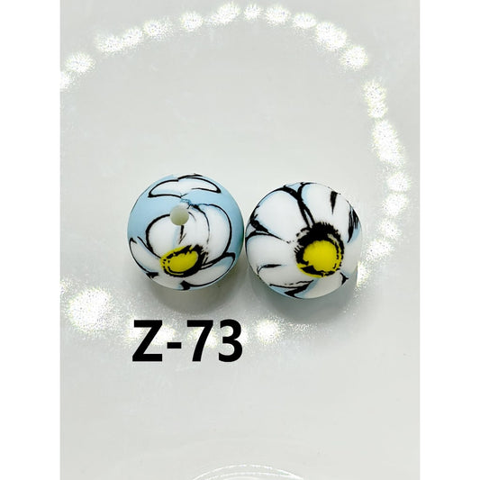 Large White Yellow Flower Round Printed Silicone Beads 15mm, Number Z-73