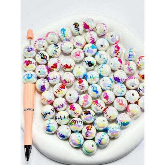 White UV Coating Colorful Electrocardiograph Print Acrylic Beads, Random Mix, 16MM