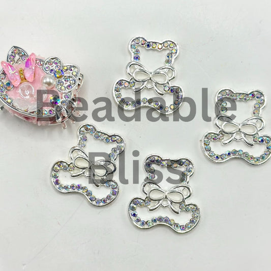 Sliver Alloy Metal Bear Bowknot Charm Frame with AB Rhinestone Chain, 27*26MM