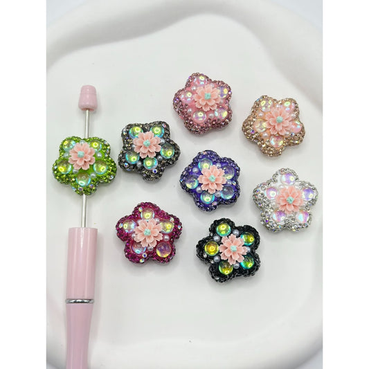 Flower Shape Clay Beads with Small Flower Pearls Clear Rhinestones in Solid Colors, 26MM by 26MM