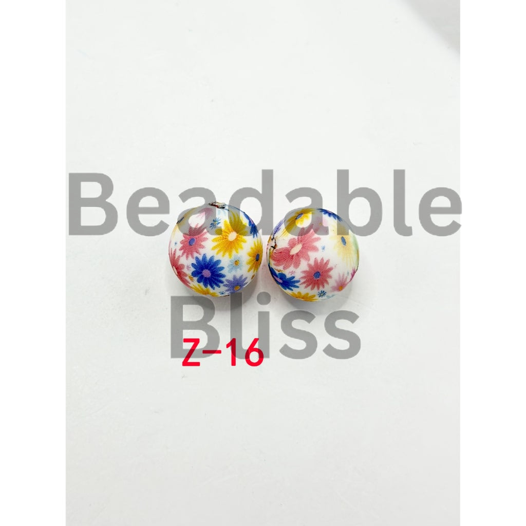 Small Flowers Pattern Round Printed Silicone Beads 15mm, Number Z-16