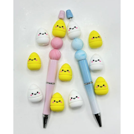 3D Cute Smile Face White & Yellow Eggs Silicone Focal Beads