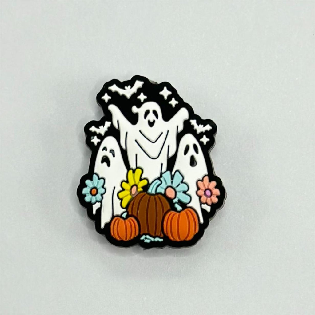 Happy Pumpkin Ghost with Flowers and Bats Silicone Focal Beads