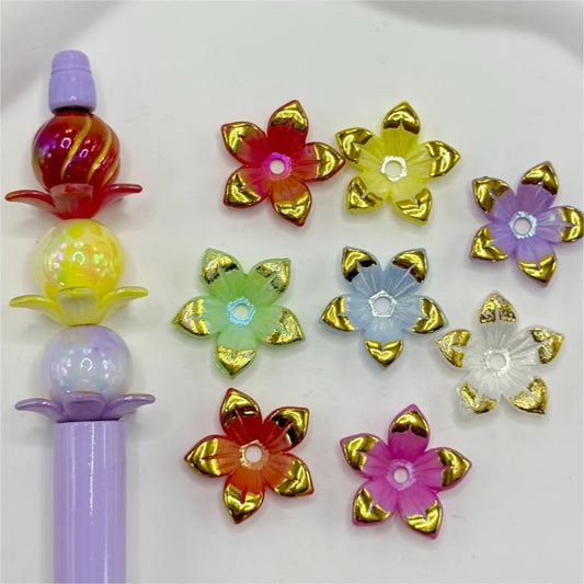 Various Colors Small Flowers with Five Pointed Petals and Gold Color Paint Acrylic Beads, Random Mix Color, 22MM, Please Read Description