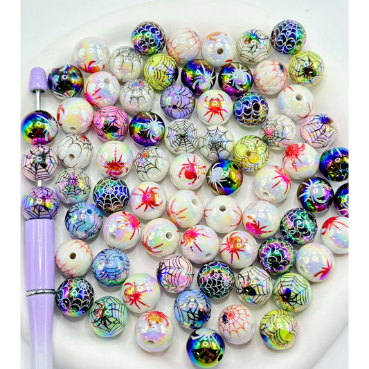 Spider Net and Spider Pattern Acrylic Beads, Random Mix, 16MM