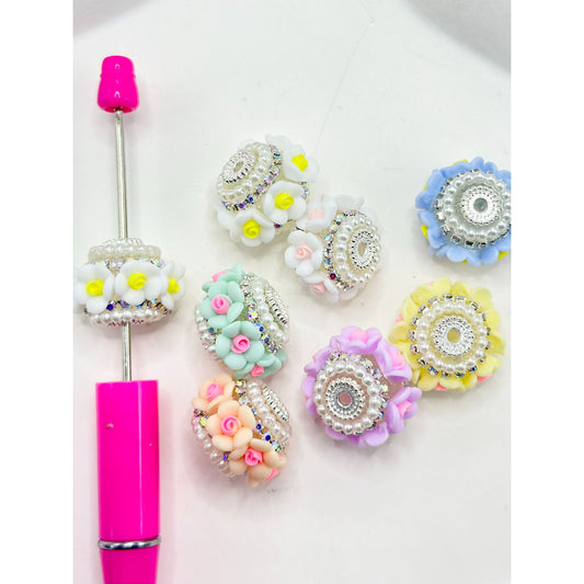 Silver Alloy Acrylic Beads with Small Flowers White Pearls AB Rhinestone Chain, Random Mix, 22MM