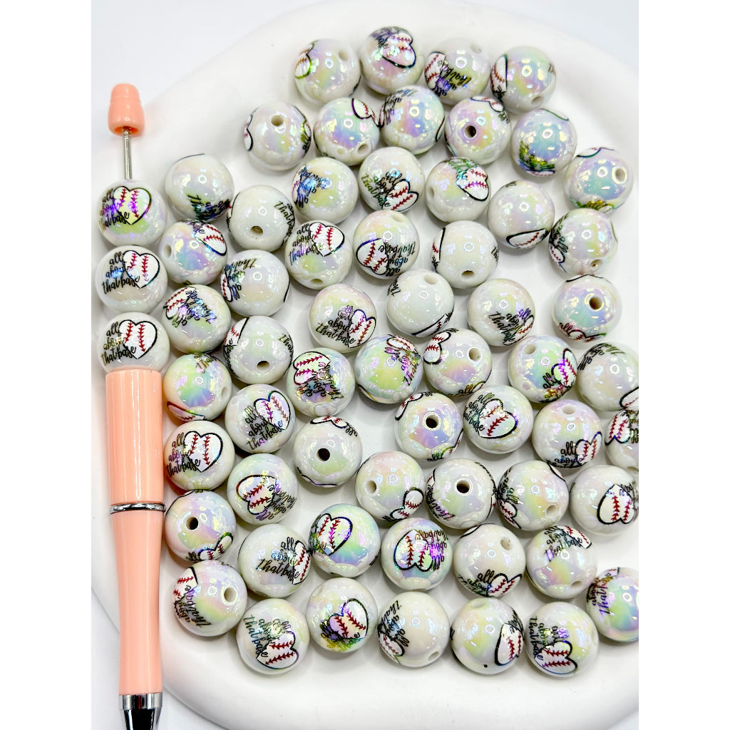 White UV Coating Acrylic Beads with Heart Baseball All About that Base Prints, 16MM