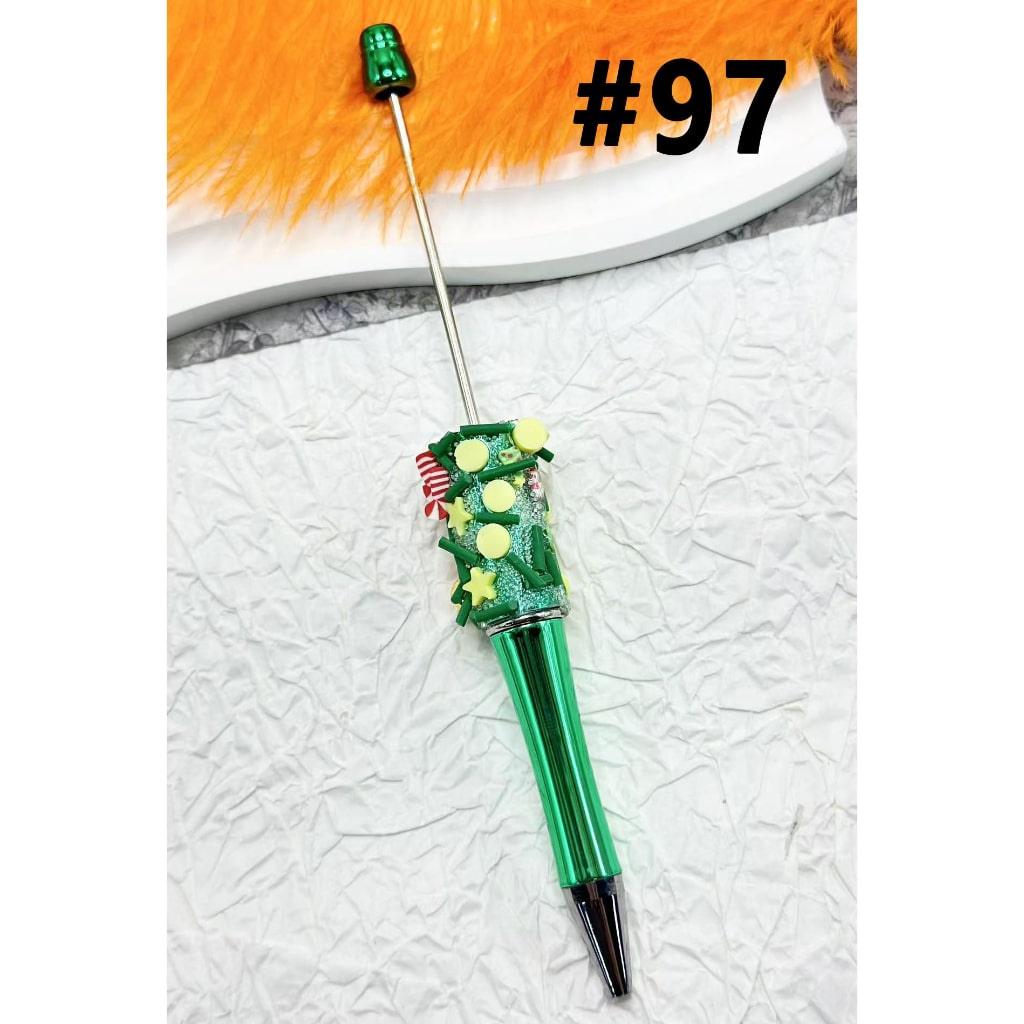 Christmas Red Green Color Beadable Pen with Ornaments Snow Flakes Bells Candy Christmas Trees Snowman