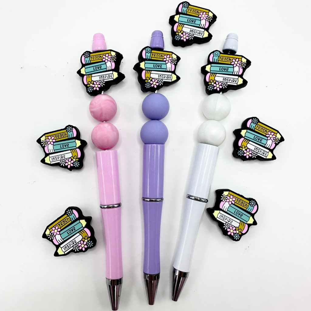 School Teacher Love Inspire Colorful Pencils with Small Flowers Silicone Focal Beads