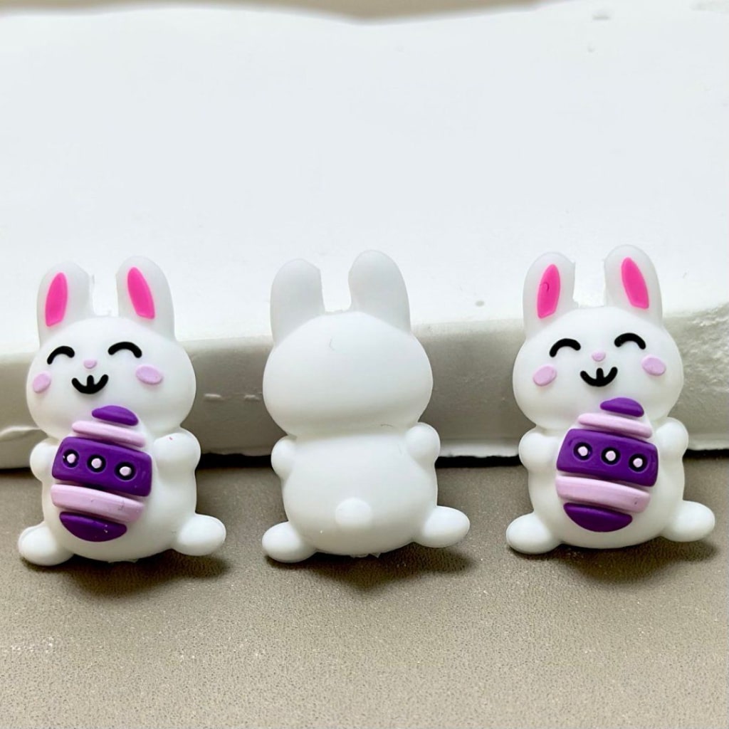 3D Little Cute White Bunny Rabbit Holds a Purple Egg Easter Silicone Focal Beads