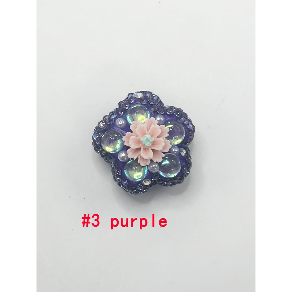 Flower Shape Clay Beads with Small Flower Pearls Clear Rhinestones in Solid Colors, 26MM by 26MM