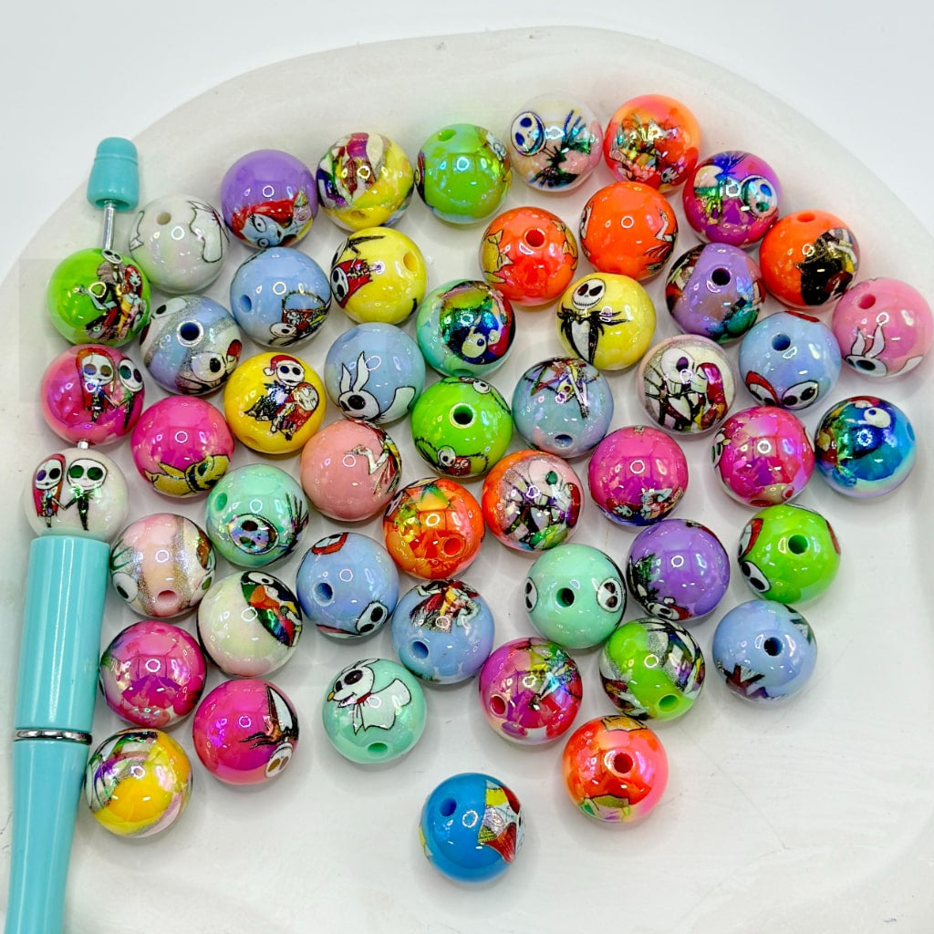 Colorful Jac and Sall The Nightmare before Christmas Round Acrylic Beads, Random Mix, 16MM