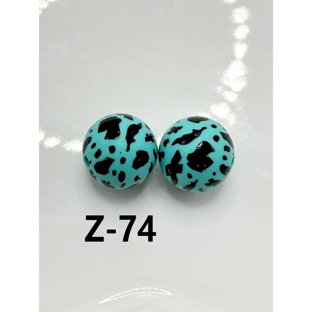 Black Spots Teal Round Printed Silicone Beads 15mm, Number Z-74