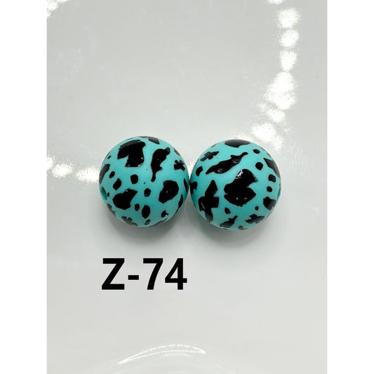 Black Spots Teal Round Printed Silicone Beads 15mm, Number Z-74