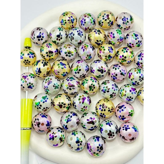 UV Coating Paw Print Round Acrylic Beads, Random Mix, 20MM