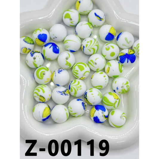 Blue Yellow Butterfly Green Grass White Round Printed Silicone Beads 15mm, Number Z-00119