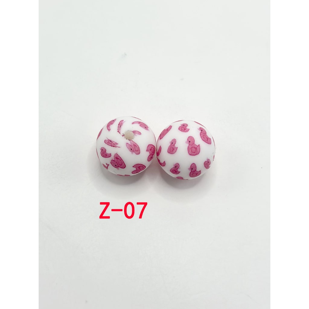 Little Pink Duck Pattern Round Printed Silicone Beads 15mm, Number Z-07