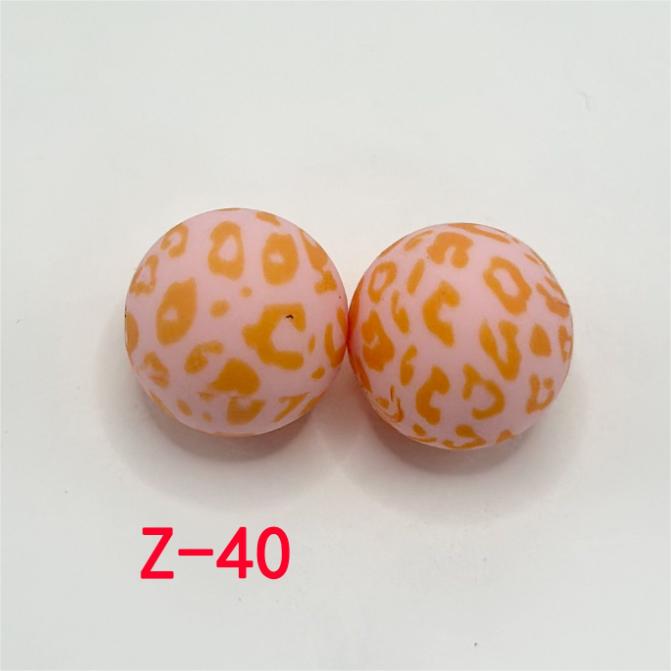 Orange Janguar Leopard Prints Light Pink Round Printed Silicone Beads 15mm, Number Z-40