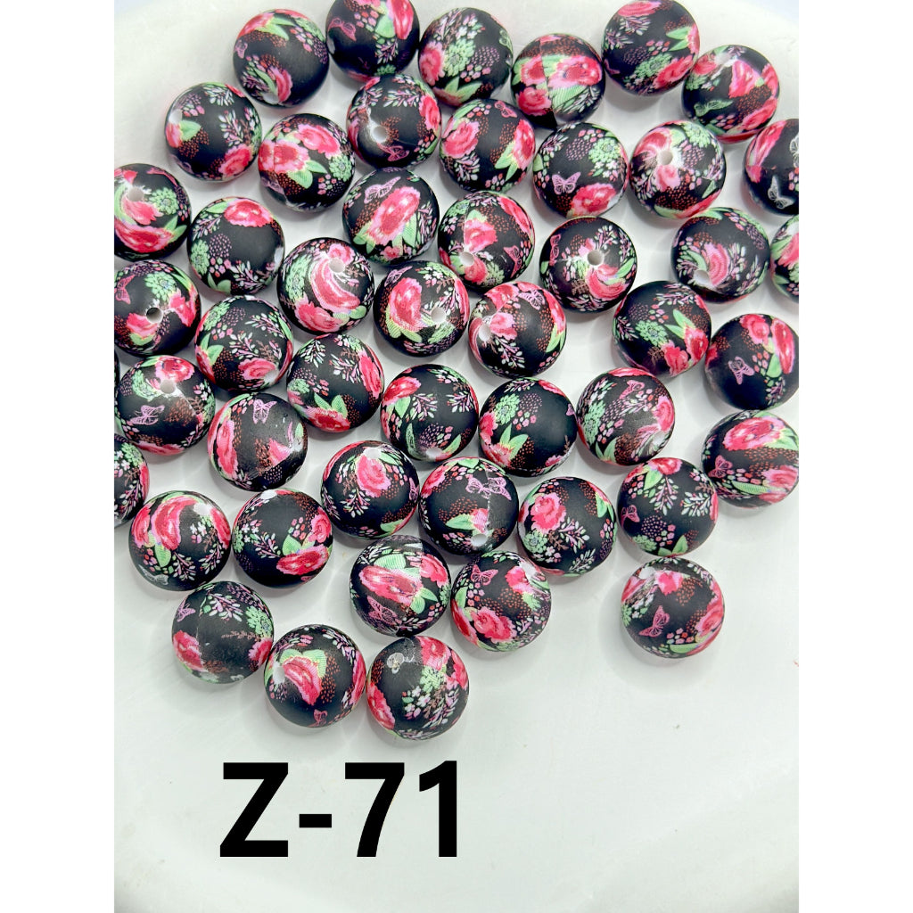 Red Flower Butterfly Green Leaf Black Round Printed Silicone Beads 15mm, Number Z-71