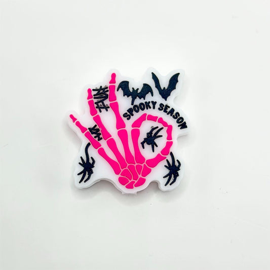 Spooky Season Pink Skeleton Hand Makes an OK Gesture Bat and Spider Silicone Focal Beads