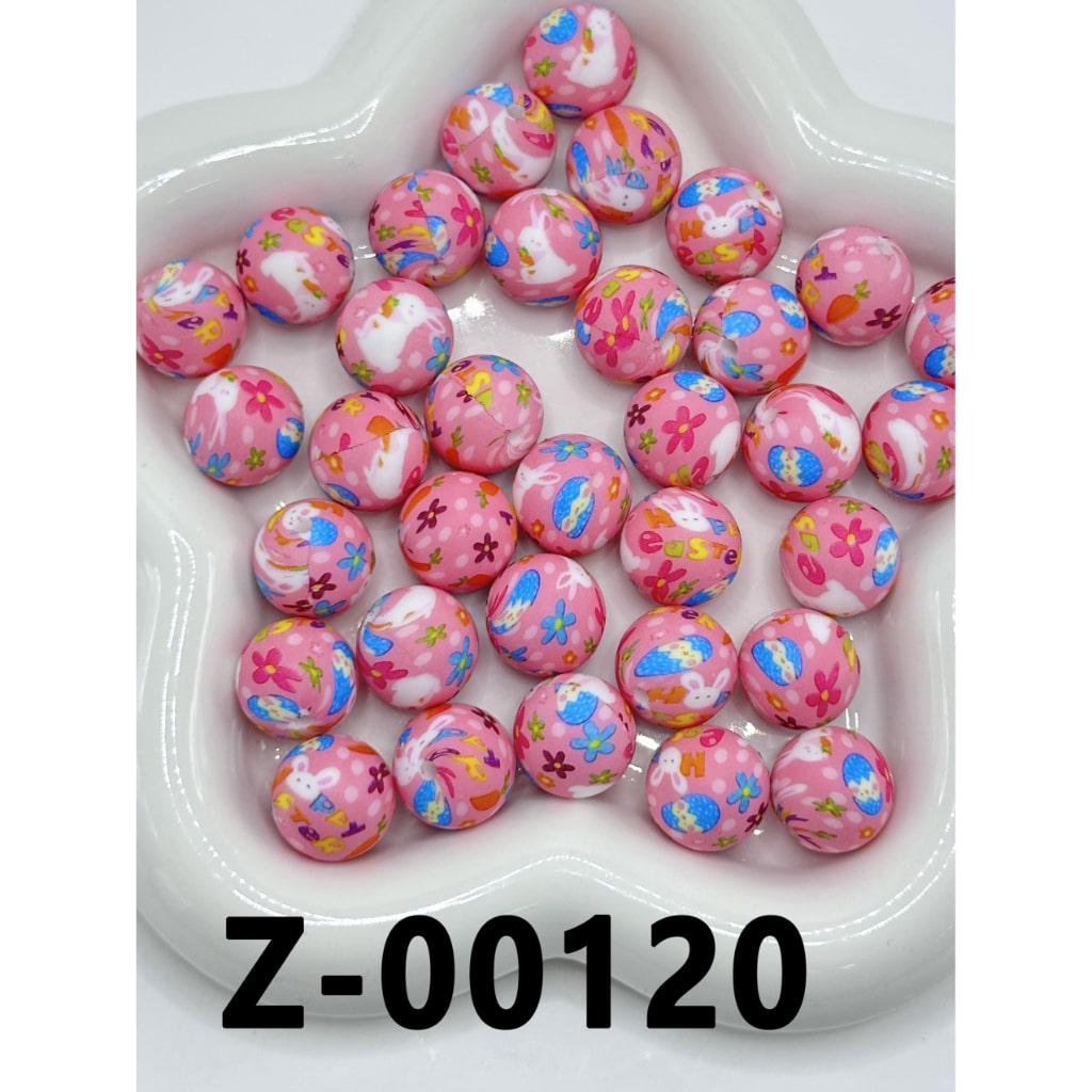 Small Flowers Egg Pink Round Printed Silicone Beads 15mm, Number Z-00120