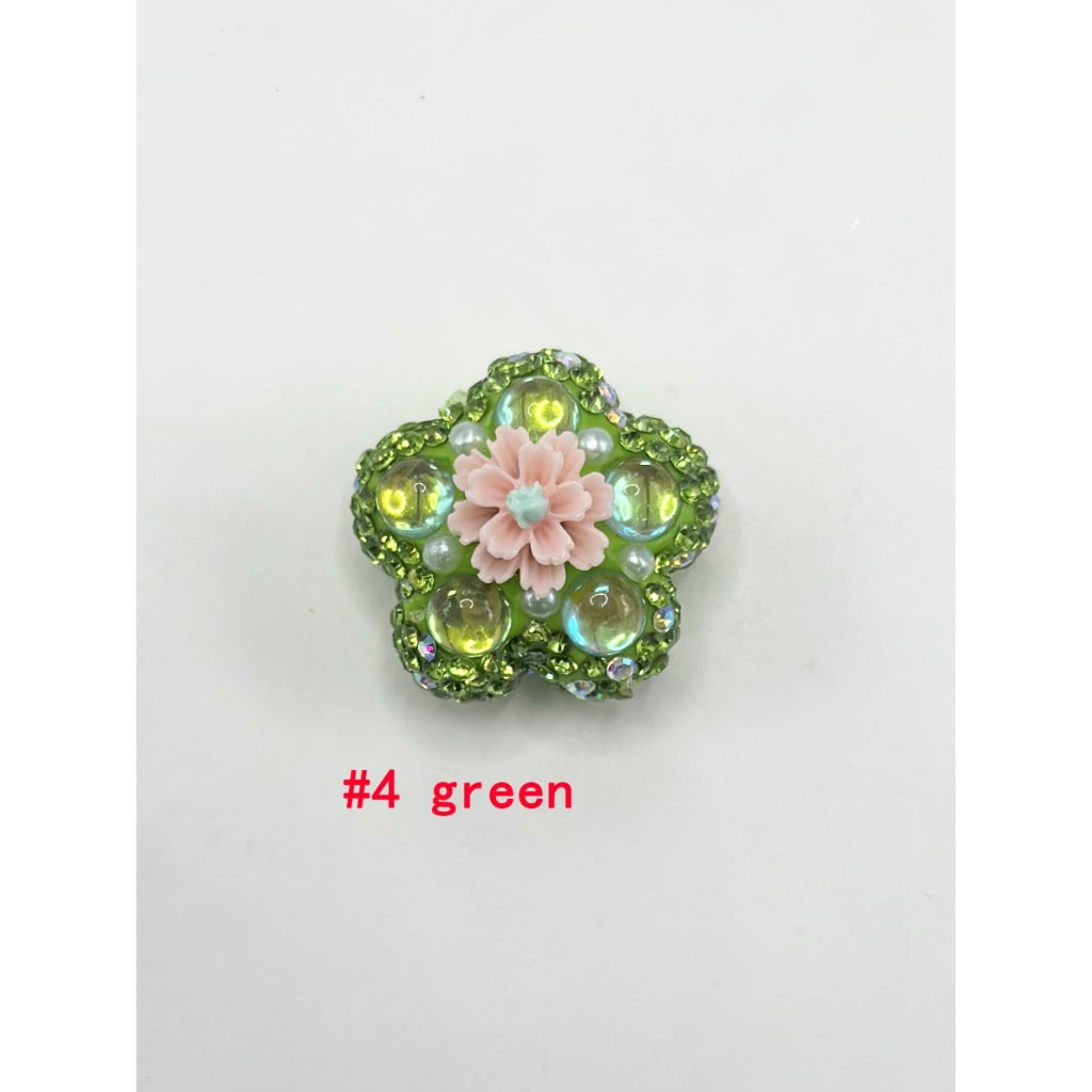 Flower Shape Clay Beads with Small Flower Pearls Clear Rhinestones in Solid Colors, 26MM by 26MM