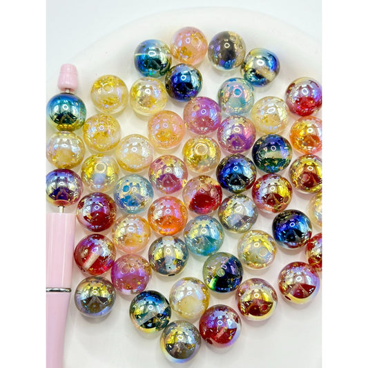 Glittery Gold Foil Paper Inside Round Acrylic Beads, Random Mix, 16MM