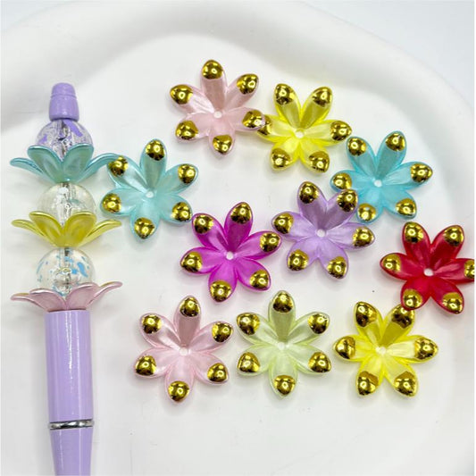 Middle Size Various Colors Flowers with Six Petals and Gold Color Paint Acrylic Beads, Random Mix Color, 28MM, Please Read Description