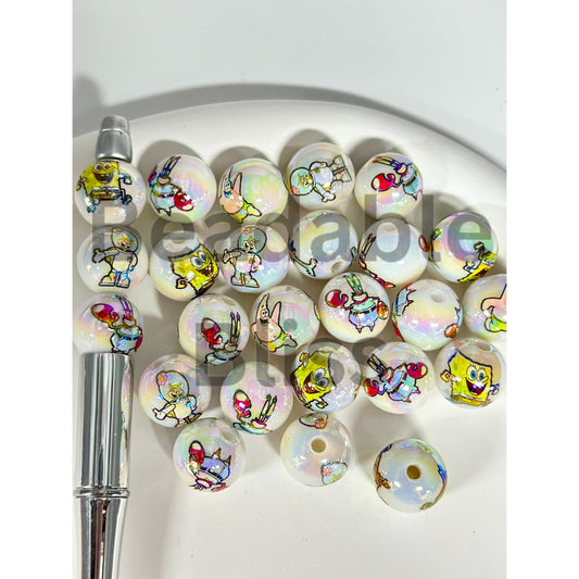 White UV Coating Acrylic Beads with Sponge Cartoon Characters, Random Mix, 16MM