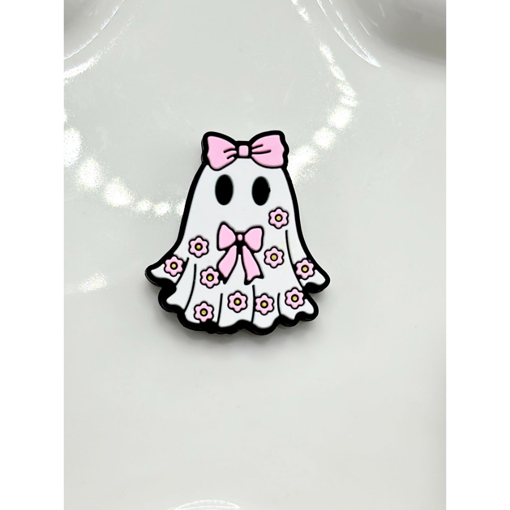 Little White Ghost with Pink Bowknot Flower Silicone Focal Beads