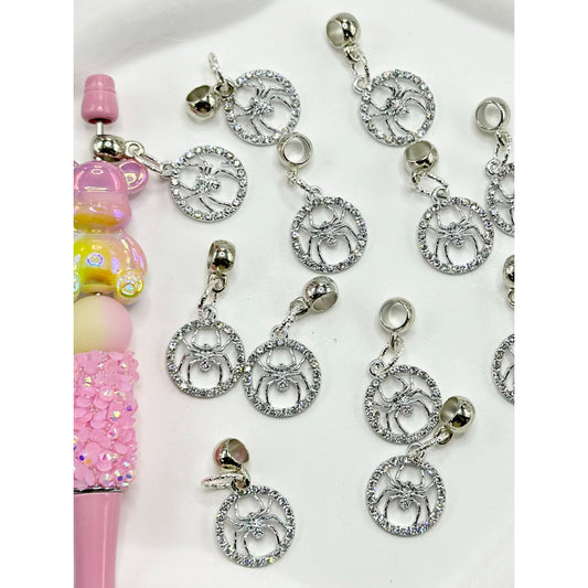 Round Silver Alloy Chain Charm Spider Inside with Clear Rhinestone for Pen, Around 36MM