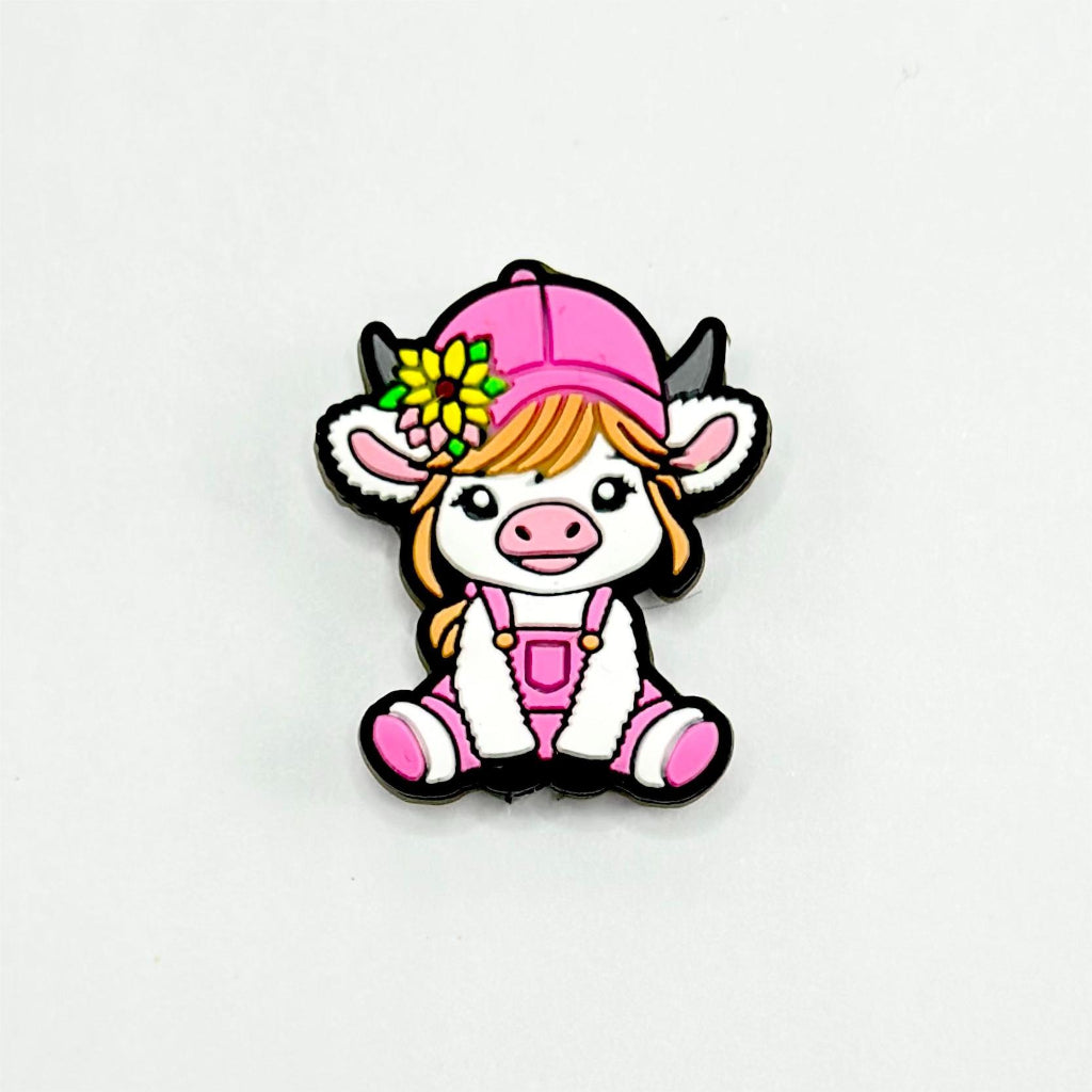 Cute Calf Cow with Pink Hat and Yellow Flower Silicone Focal Beads