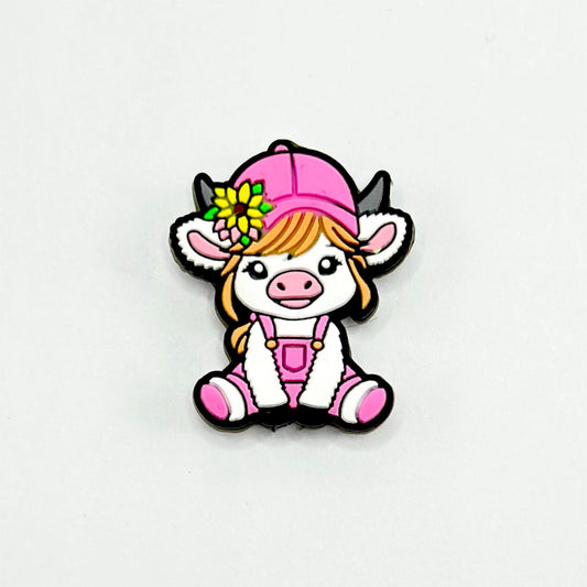 Cute Calf Cow with Pink Hat and Yellow Flower Silicone Focal Beads