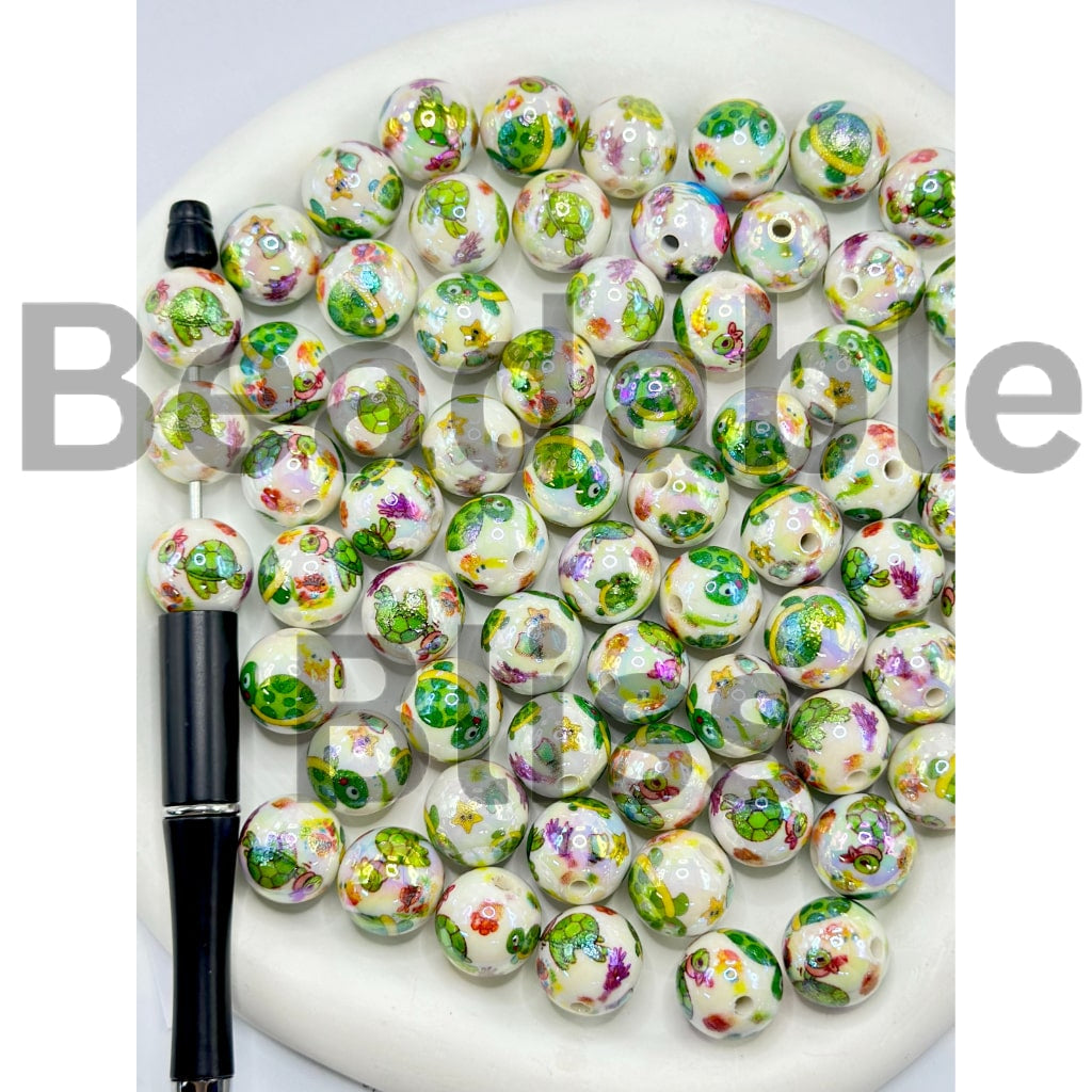 Sea Marine Animals Jellyfish Turtle Star Fish Whale Squid Round Acrylic Beads, 16MM