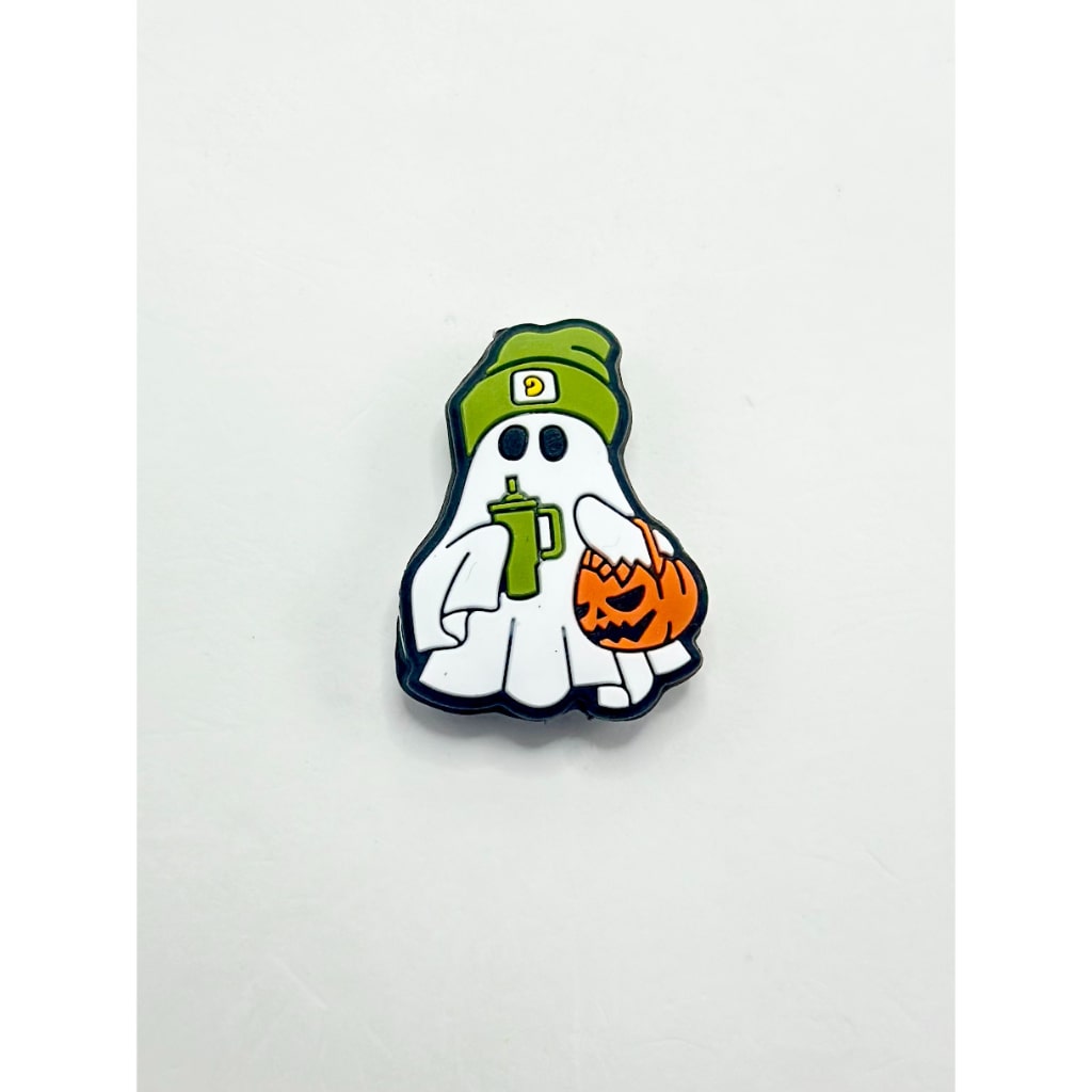 White Ghost Holds a Bottle and a Pumpkin Bag with Green Hat Silicone Focal Beads